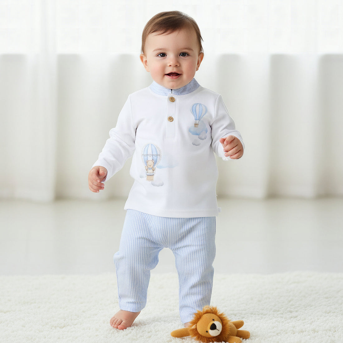 Giggles Cotton Mandarin Collar Long Sleeve Pyjama Set with Print - Blue / 12-18 mths