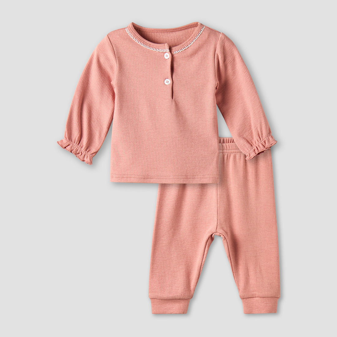 Giggles Henley Neck Long Sleeves Pyjama Set with Lace Trim