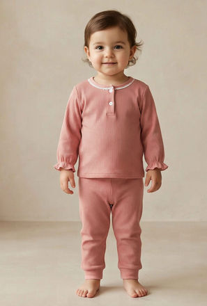 Giggles Henley Neck Long Sleeves Pyjama Set with Lace Trim