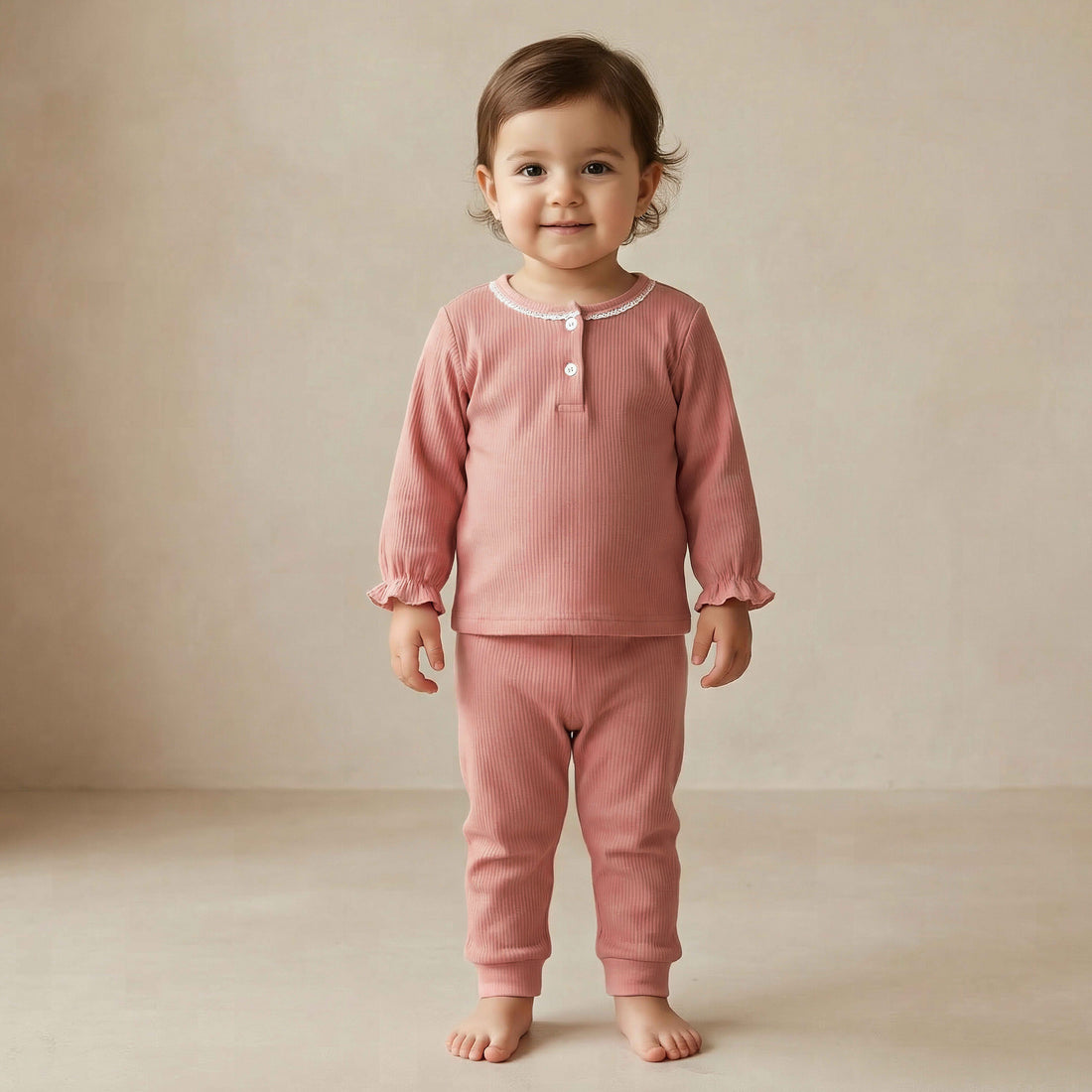 Giggles Henley Neck Long Sleeves Pyjama Set with Lace Trim - Pink / 12-18 mths