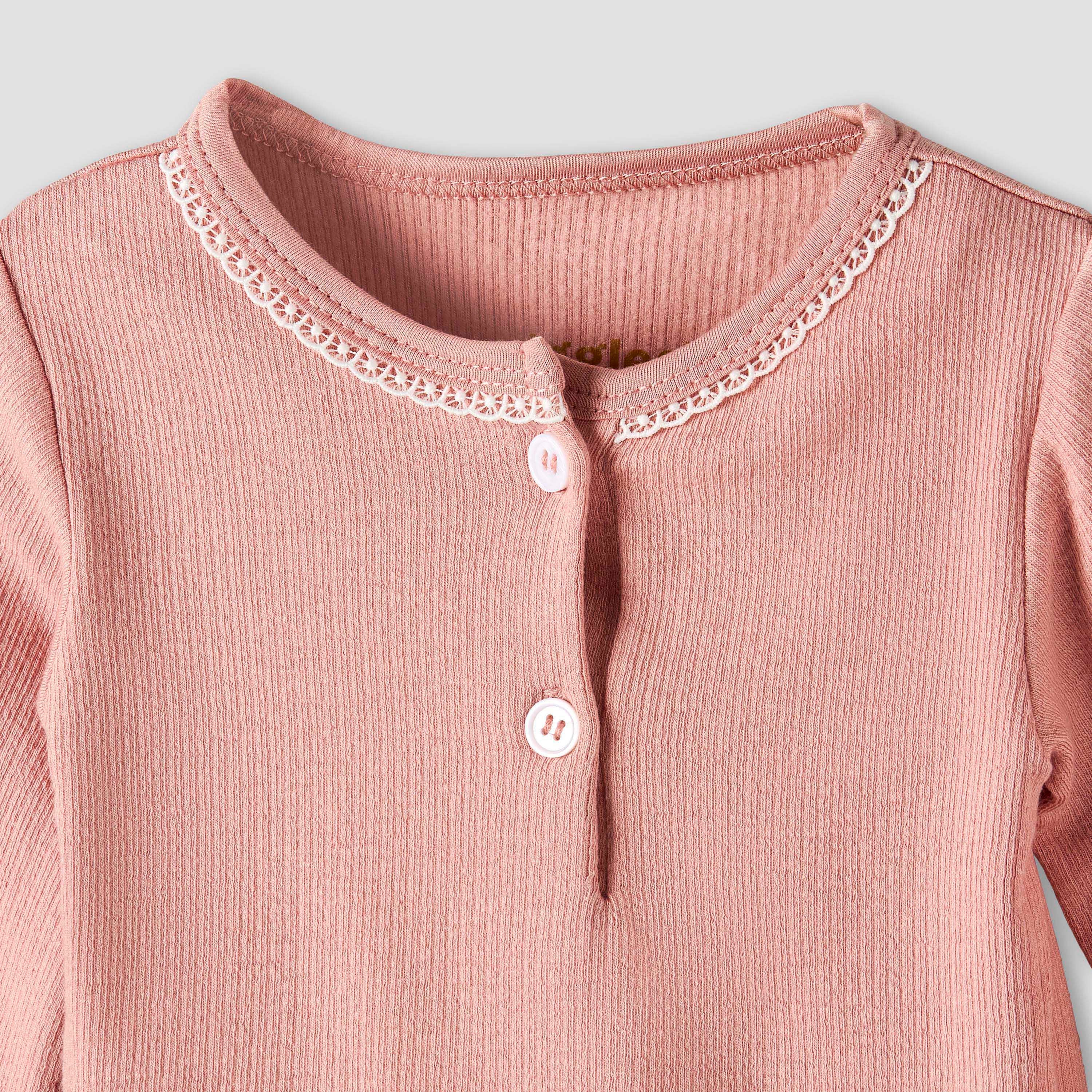 Giggles Henley Neck Long Sleeves Pyjama Set with Lace Trim