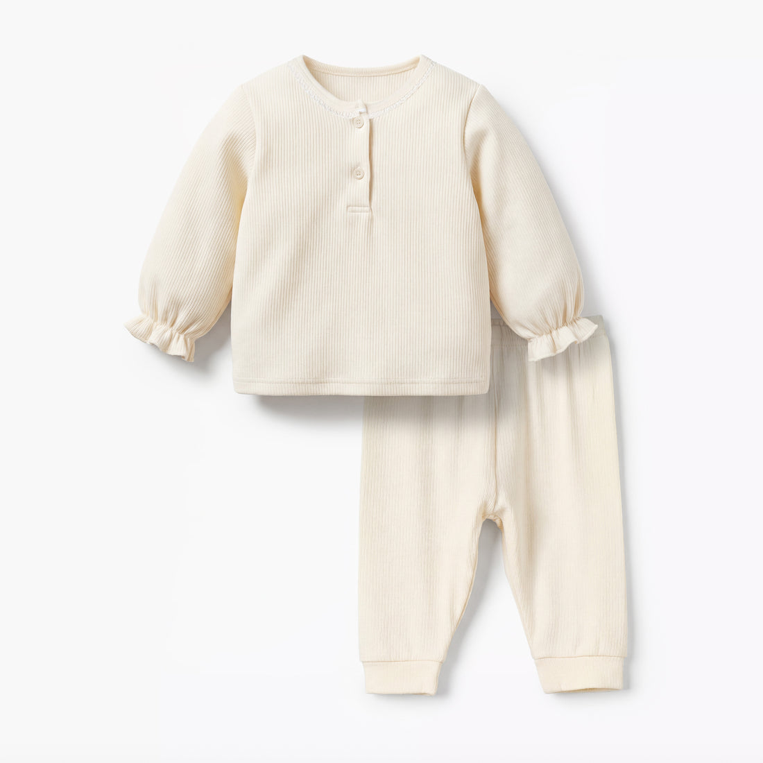 Giggles Henley Neck Long Sleeves Pyjama Set with Ribbed Texture - Cream / 12-18 mths