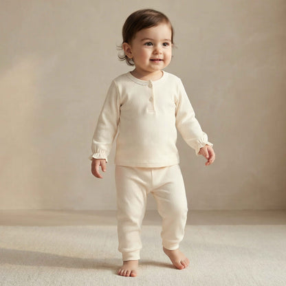 Giggles Henley Neck Long Sleeves Pyjama Set with Ribbed Texture