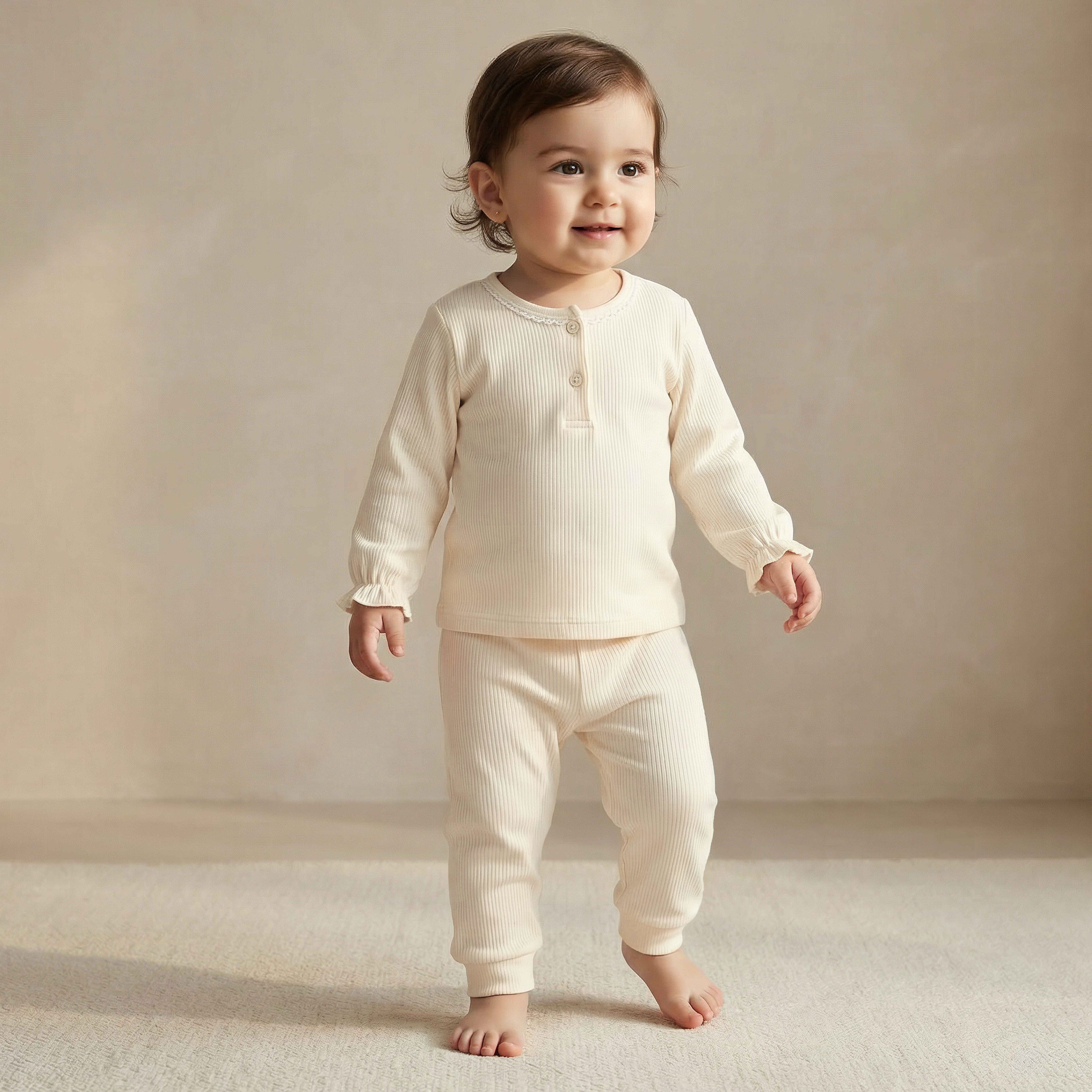 Giggles Henley Neck Long Sleeves Pyjama Set with Ribbed Texture