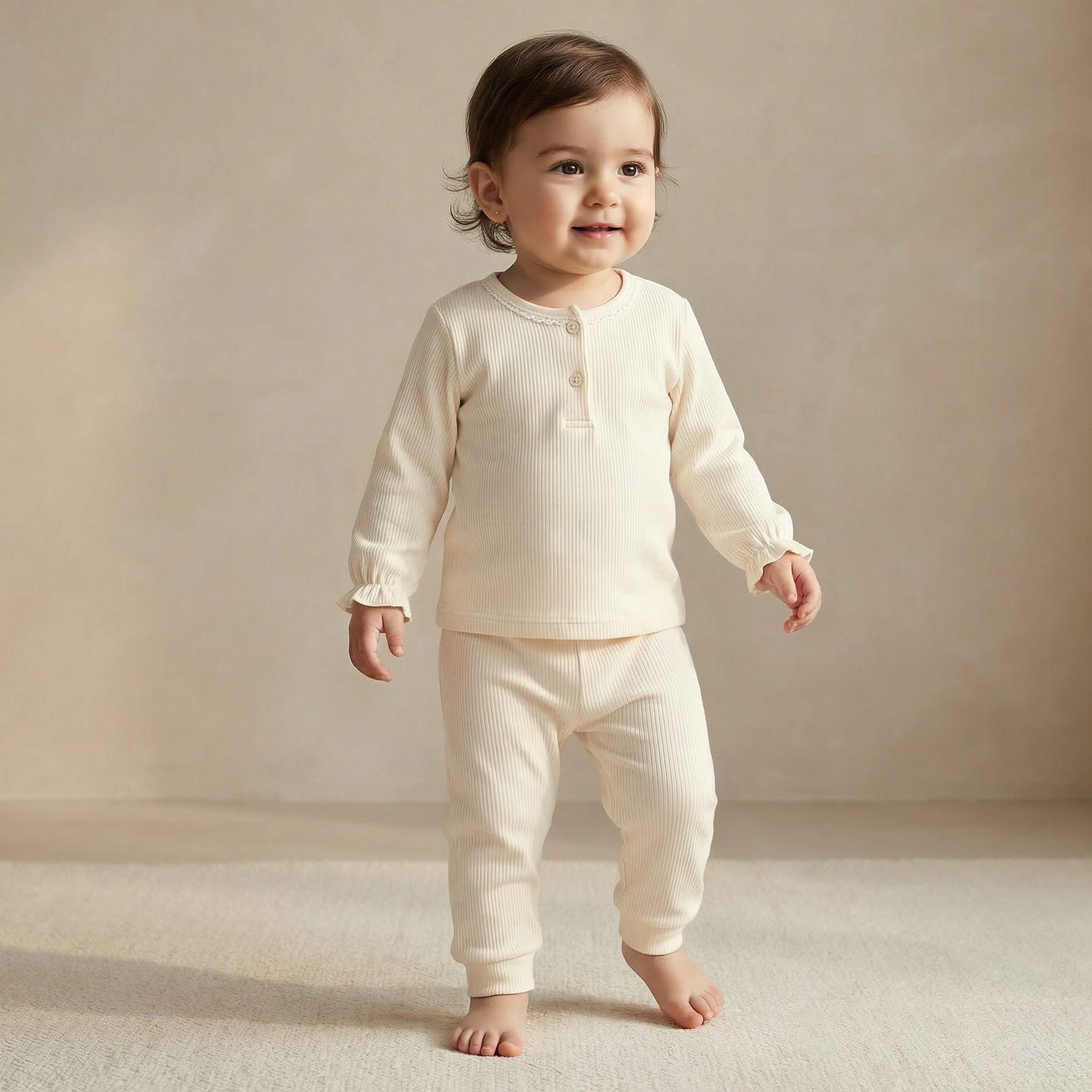 Giggles Henley Neck Long Sleeves Pyjama Set with Ribbed Texture