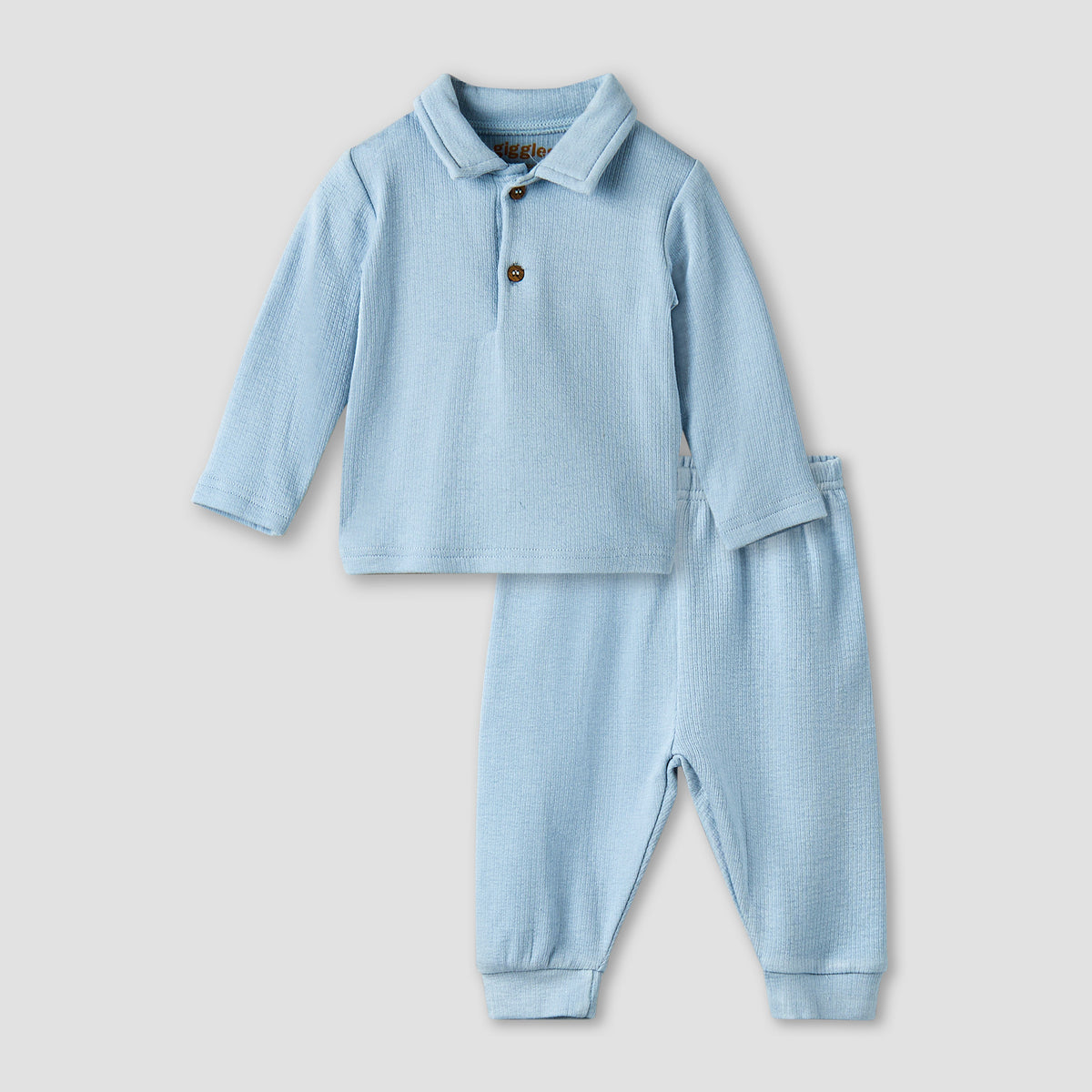 Giggles Collared Long Sleeves Pyjama Set with Ribbed Texture