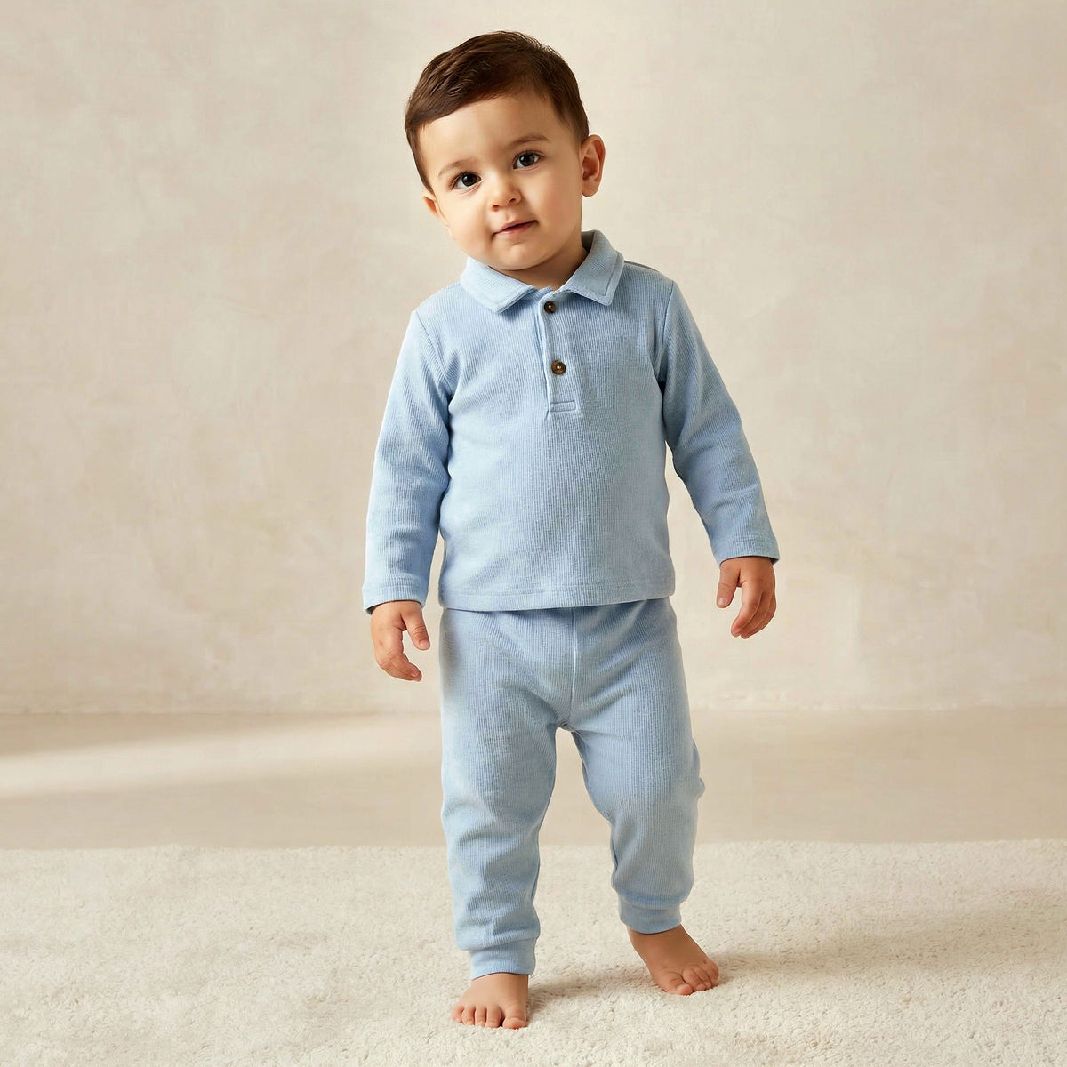 Giggles Collared Long Sleeves Pyjama Set with Ribbed Texture