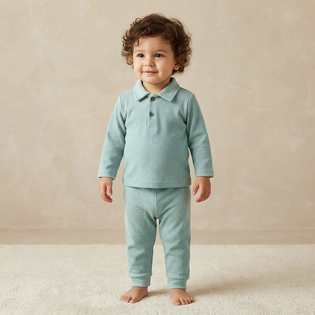 Giggles Collared Long Sleeves Pyjama Set with Ribbed Texture - Green / 18-24 mths