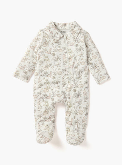 Juniors Dinosaur Print Sleepsuit with Collar and Zip Closure-baby-boys-clothing-nightwear-sleepsuits-image-1