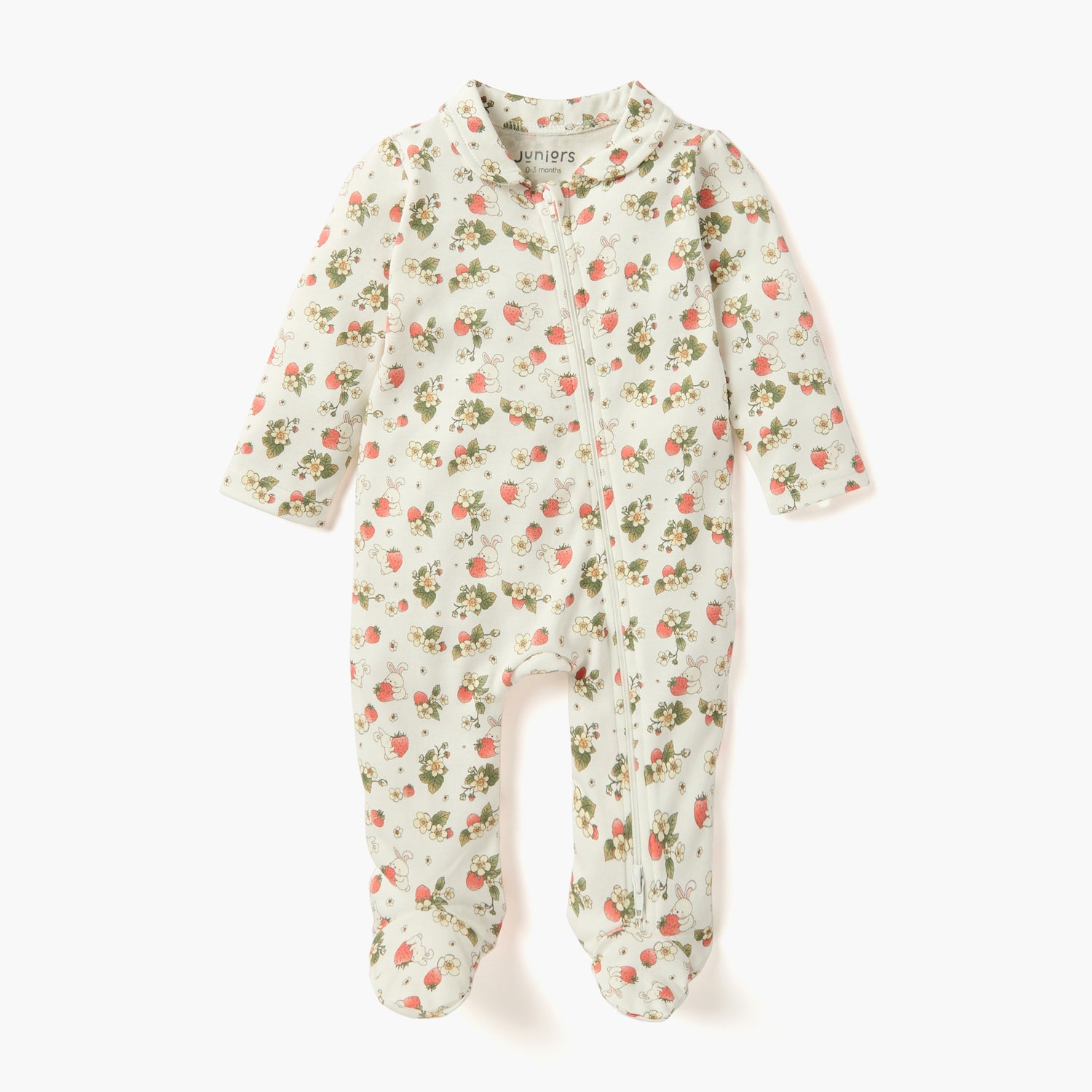 Juniors Bunny Print Sleepsuit with Collar and Zip Closure - Cream / 12-18 mths