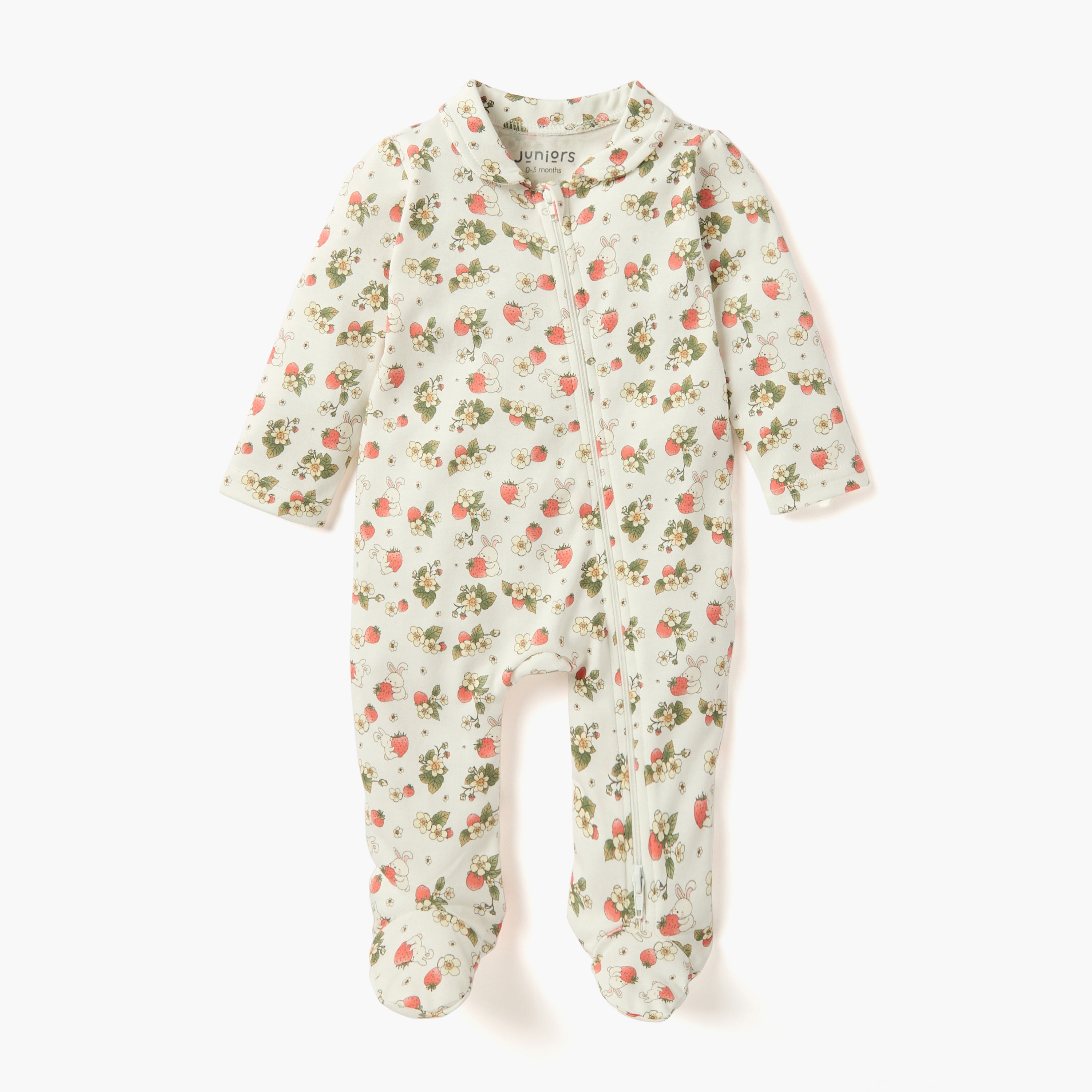 Juniors Bunny Print Sleepsuit with Collar and Zip Closure - Cream / 12-18 mths