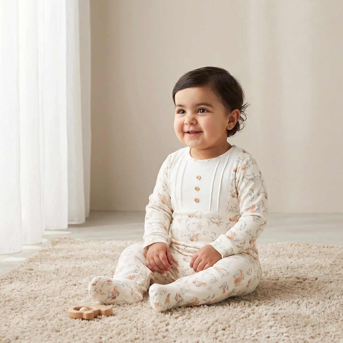 Juniors Rabbit Print Sleepsuit with Pintuck and Button Detail - Multicolour / 12-18 mths