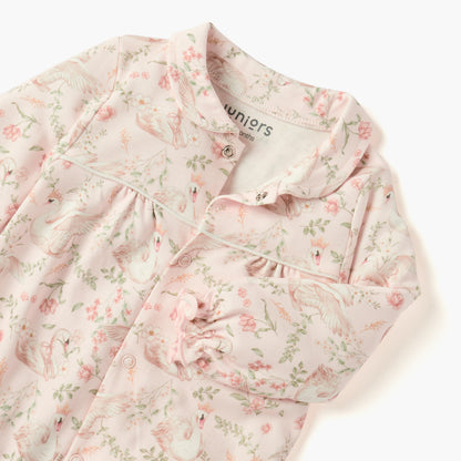 Juniors Swan Print Sleepsuit with Collar and Long Sleeves