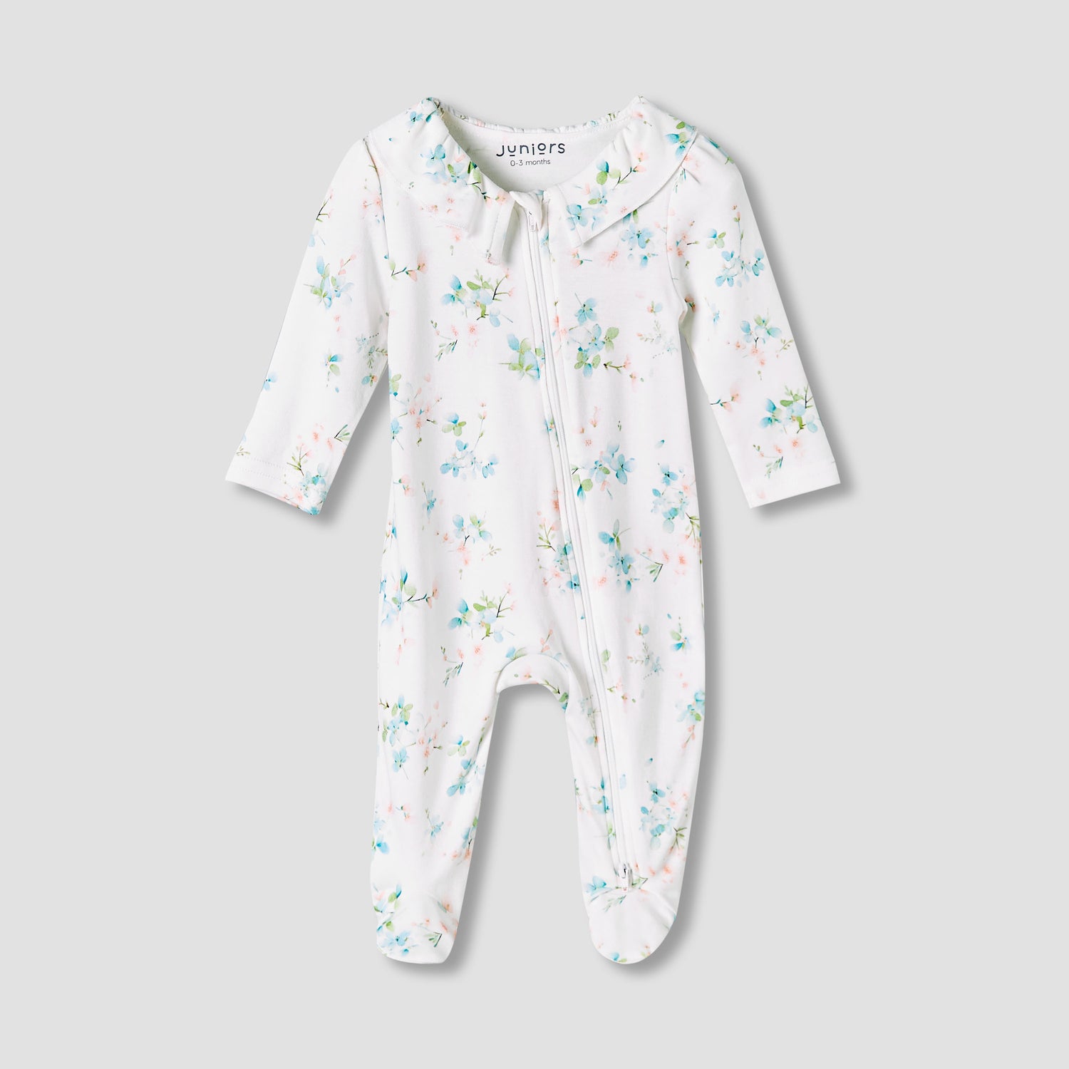 Juniors Bamboo Cotton Collared Long Sleeves Sleepsuit with Floral Print - White / 12-18 mths