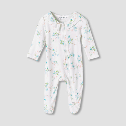 Juniors Bamboo Cotton Collared Long Sleeves Sleepsuit with Floral Print - White / 12-18 mths