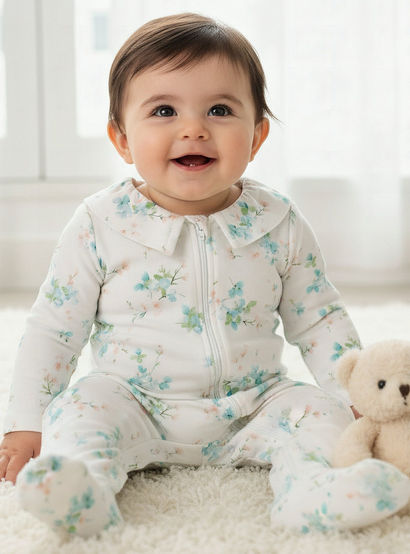 Juniors Bamboo Cotton Collared Long Sleeves Sleepsuit with Floral Print-baby-girls-clothing-nightwear-sleepsuits-image-1