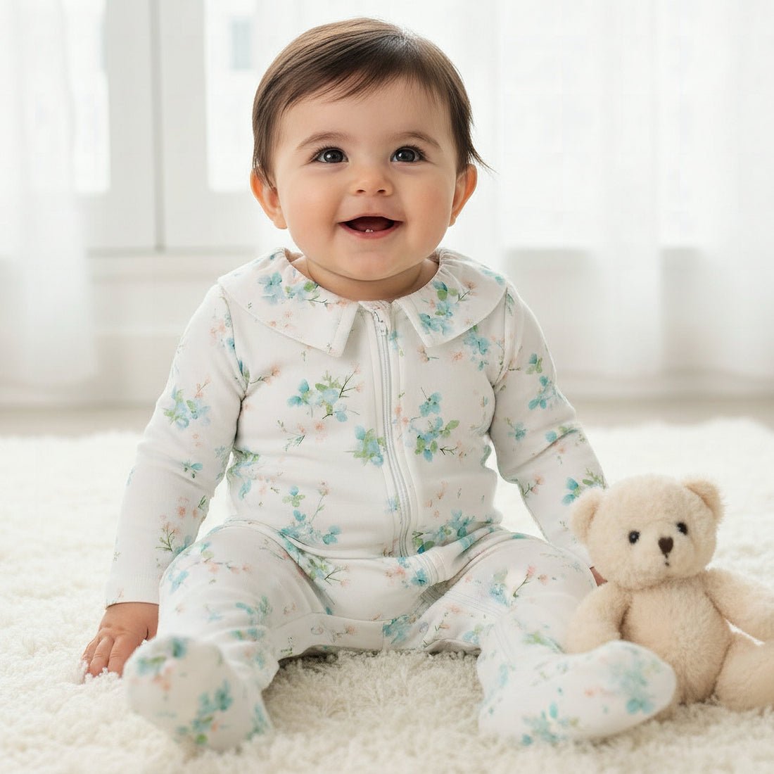 Juniors Bamboo Cotton Collared Long Sleeves Sleepsuit with Floral Print - White / 12-18 mths