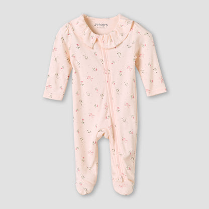 Juniors Bamboo Cotton Collared Long Sleeve Sleepsuit with Floral Print - Pink / 12-18 mths