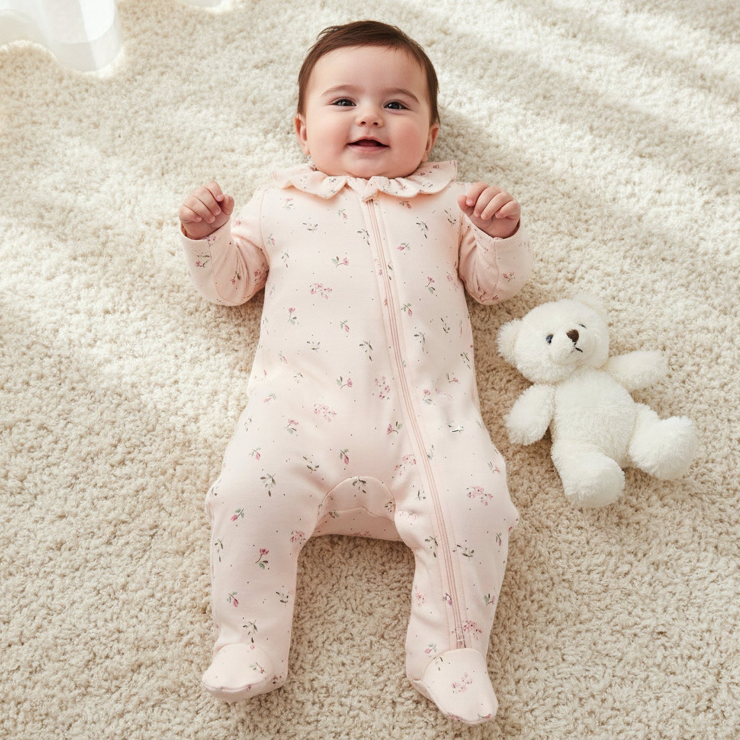 Juniors Bamboo Cotton Collared Long Sleeve Sleepsuit with Floral Print - Pink / 12-18 mths