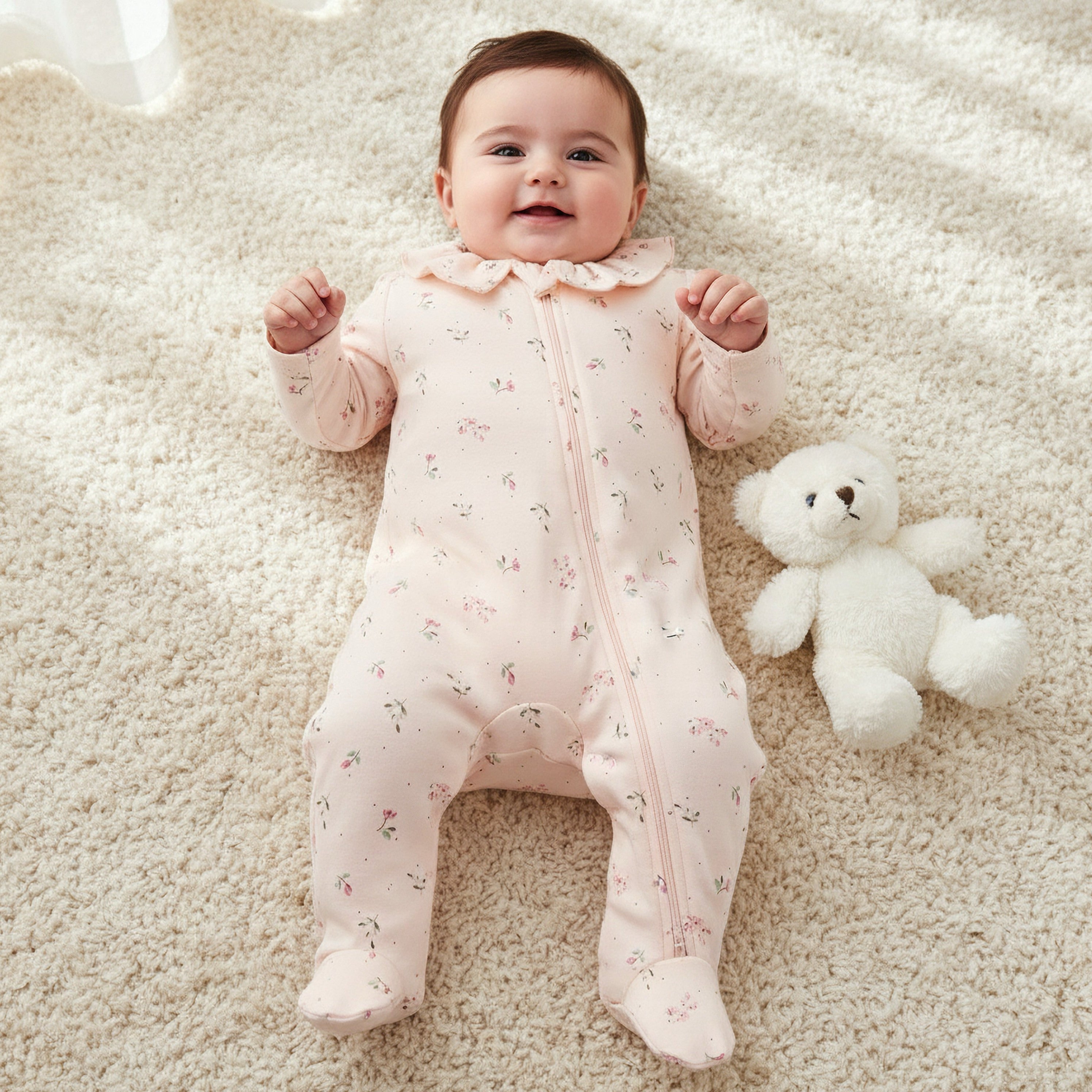 Juniors Bamboo Cotton Collared Long Sleeve Sleepsuit with Floral Print - Pink / 12-18 mths