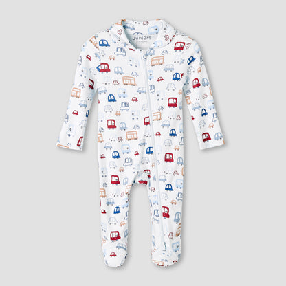 Juniors Bamboo Cotton Collared Long Sleeve Sleepsuit with Vehicle Print