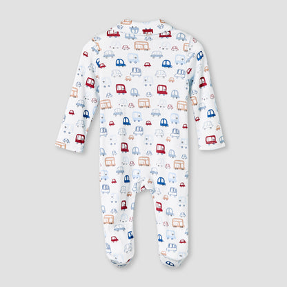 Juniors Bamboo Cotton Collared Long Sleeve Sleepsuit with Vehicle Print
