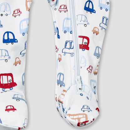 Juniors Bamboo Cotton Collared Long Sleeve Sleepsuit with Vehicle Print