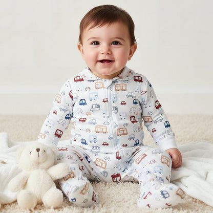 Juniors Bamboo Cotton Collared Long Sleeve Sleepsuit with Vehicle Print