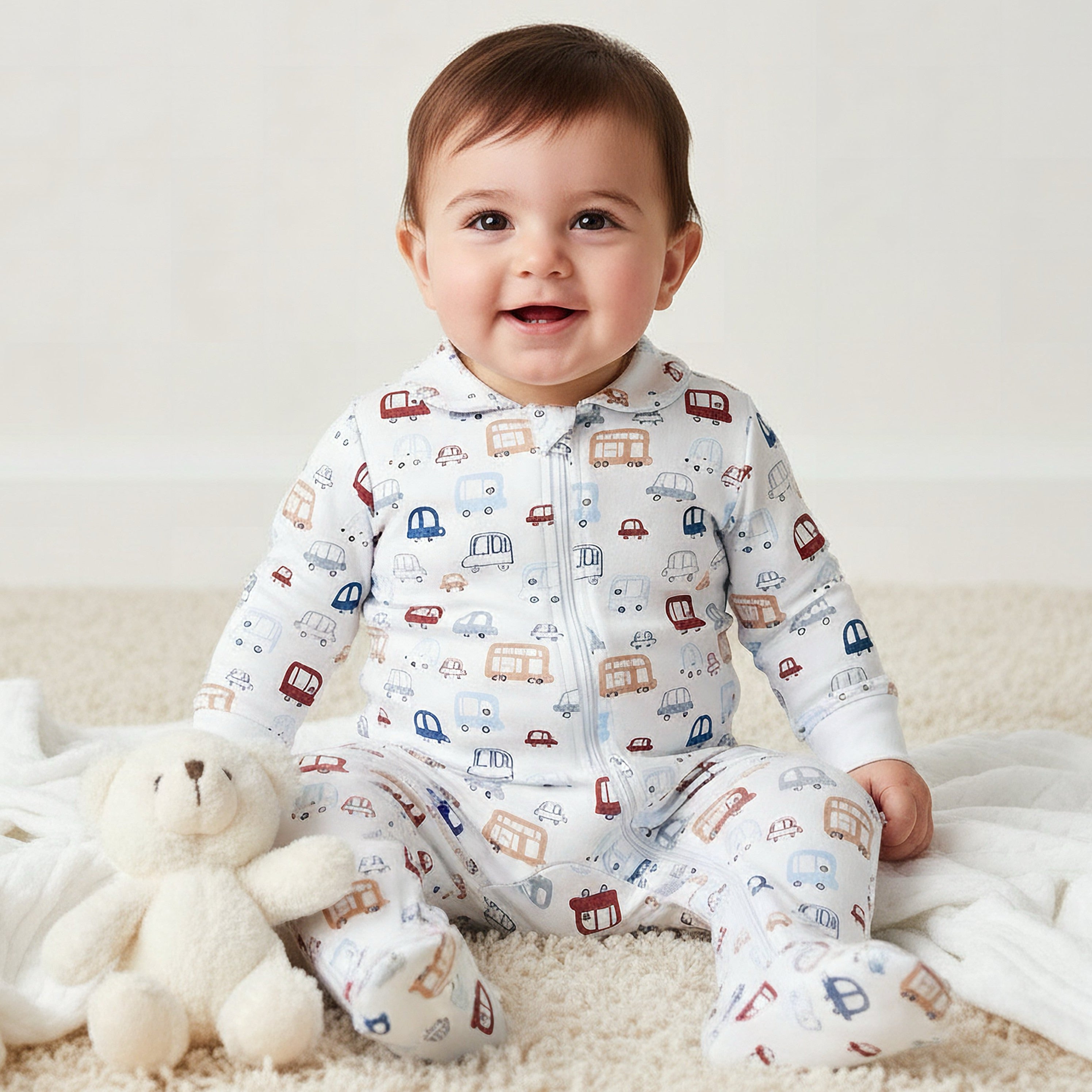 Juniors Bamboo Cotton Collared Long Sleeve Sleepsuit with Vehicle Print