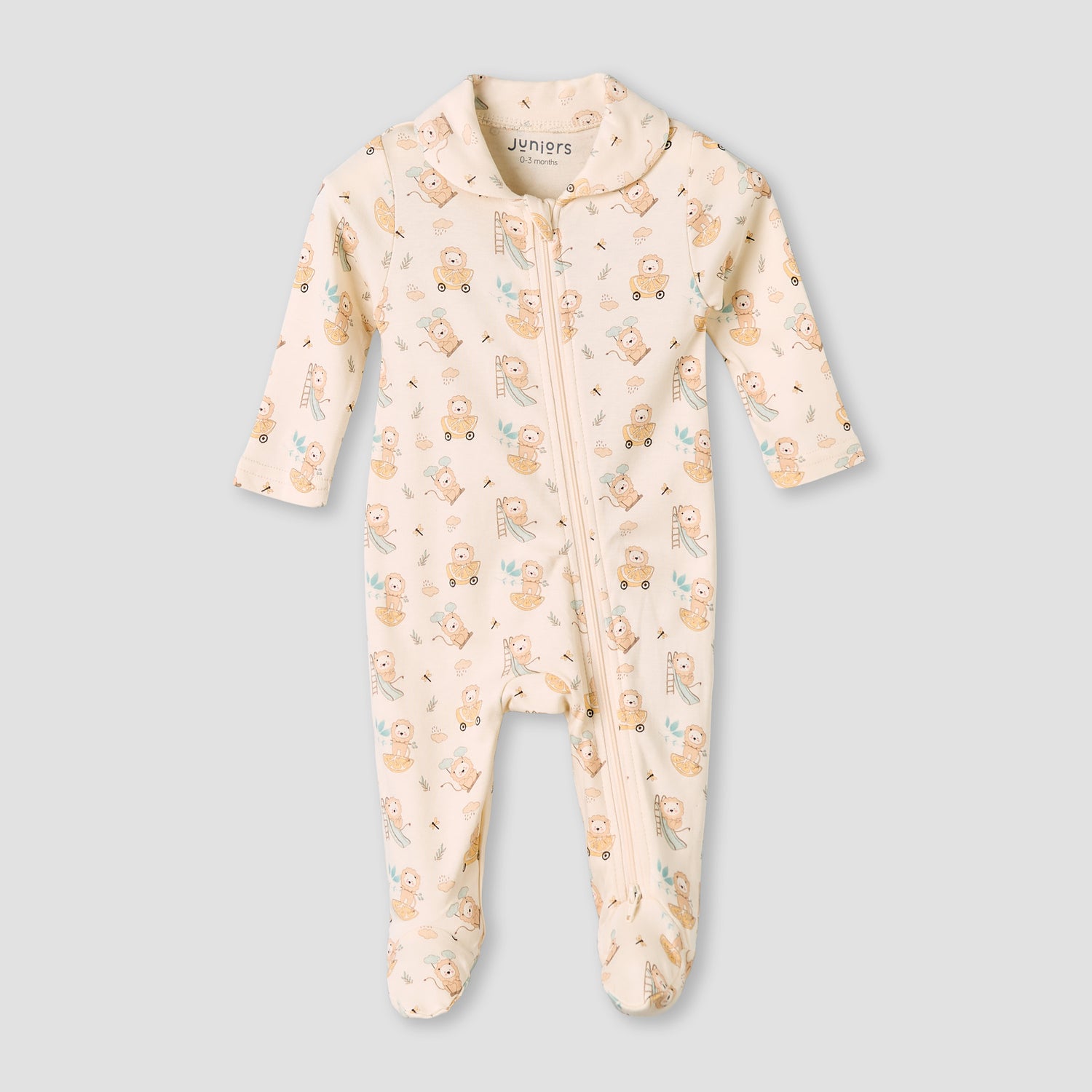 Juniors Bamboo Cotton Collared Long Sleeve Sleepsuit with Lion Print - Beige / 12-18 mths