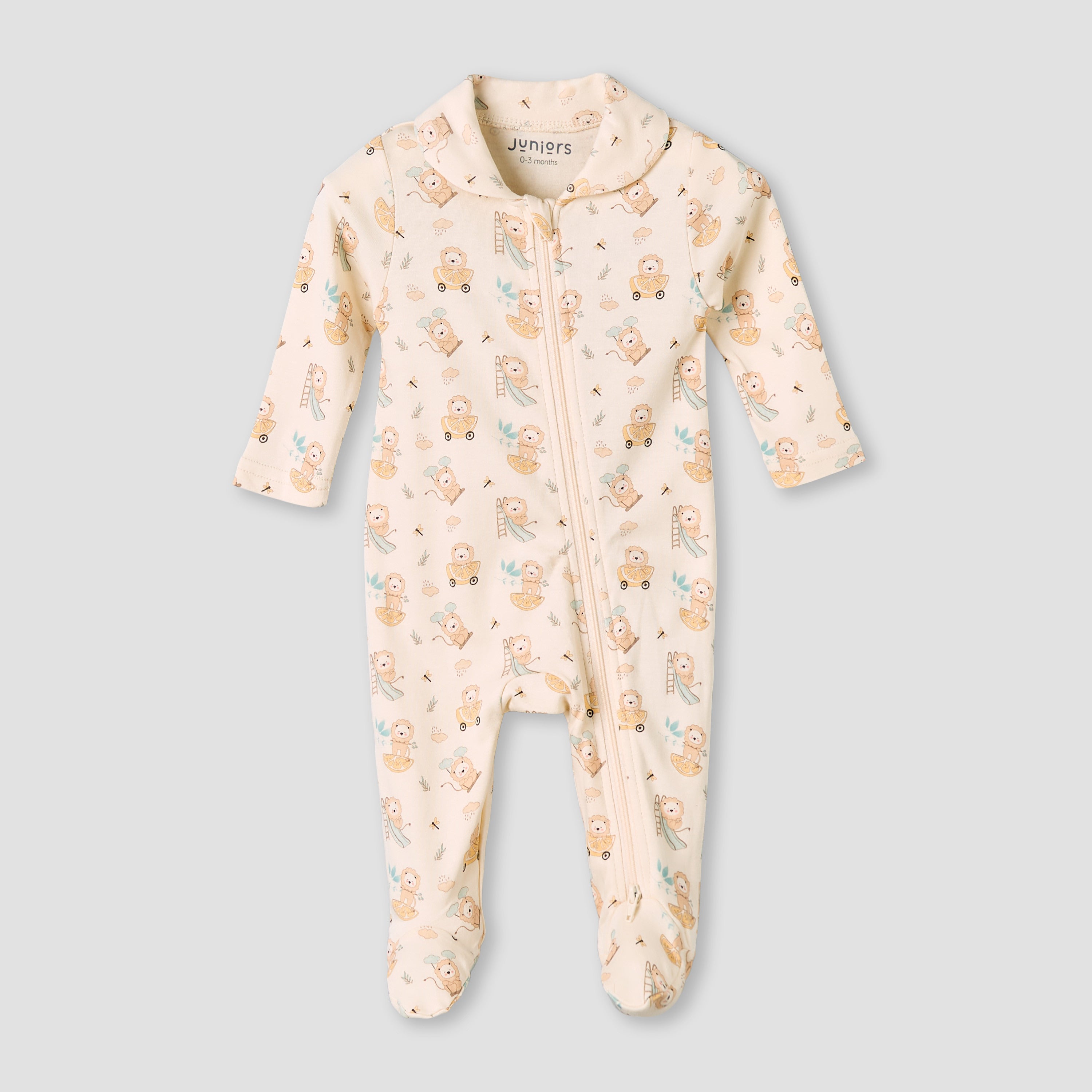 Juniors Bamboo Cotton Collared Long Sleeve Sleepsuit with Lion Print - Beige / 12-18 mths