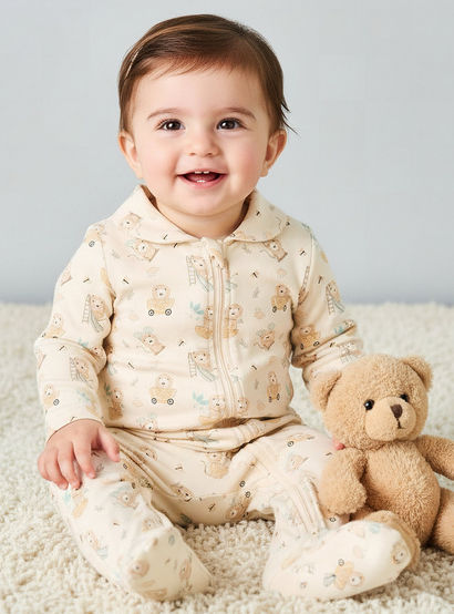 Juniors Bamboo Cotton Collared Long Sleeve Sleepsuit with Lion Print-baby-boys-clothing-nightwear-sleepsuits-image-1