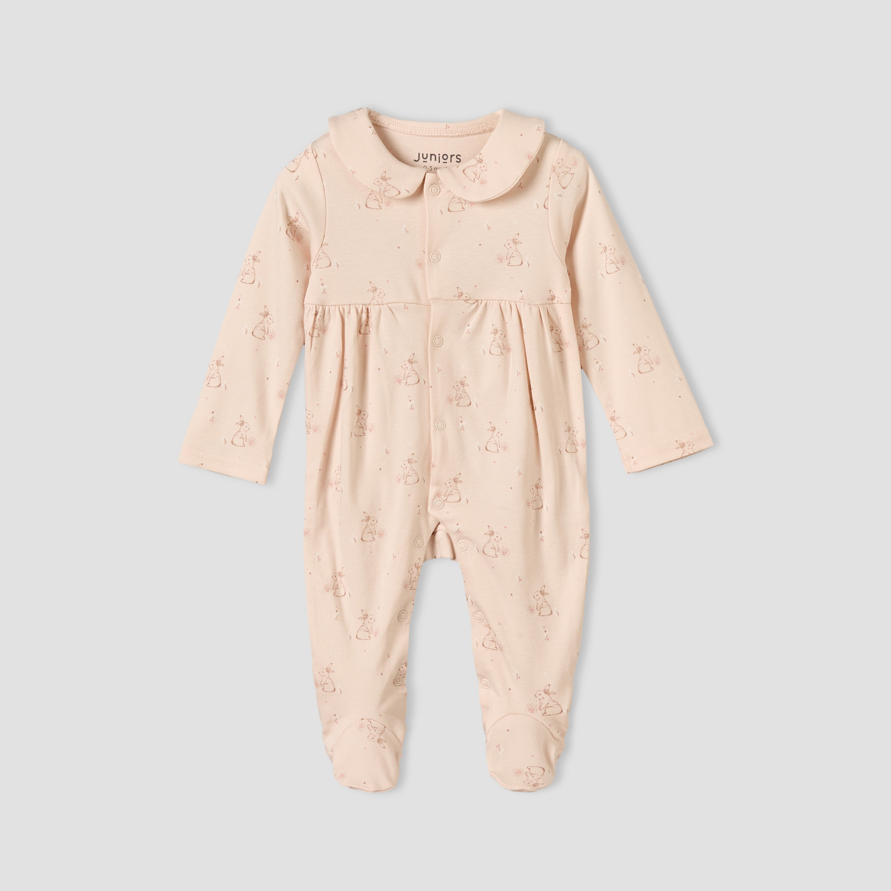 Juniors Cotton Collared Long Sleeves Sleepsuit with Bunny Print - Pink / 12-18 mths