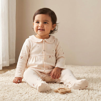 Juniors Cotton Collared Long Sleeves Sleepsuit with Botanical Print - Cream / 12-18 mths