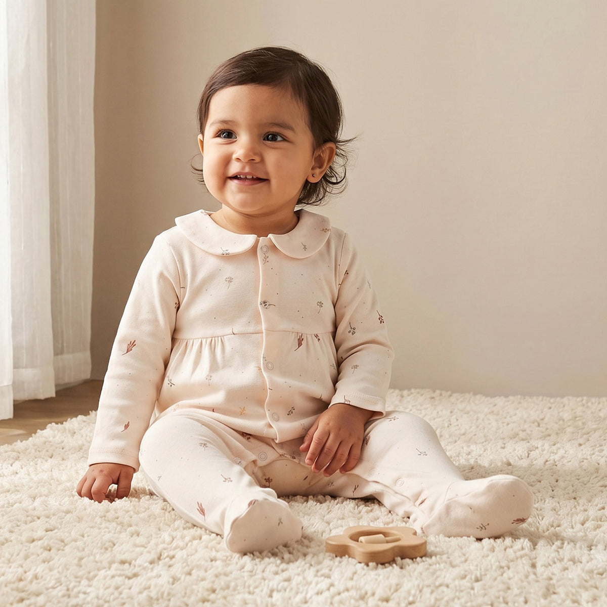 Juniors Cotton Collared Long Sleeves Sleepsuit with Botanical Print