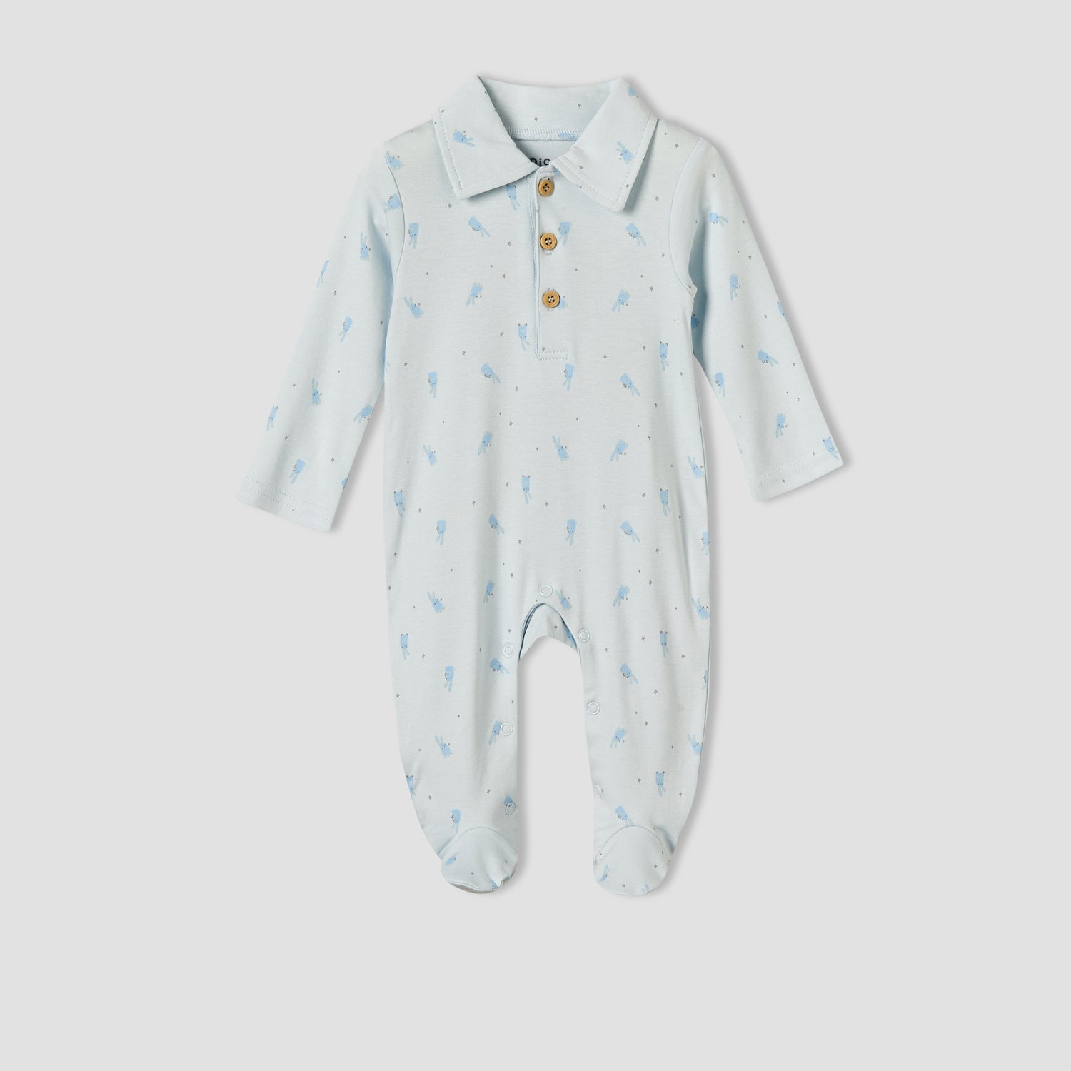 Juniors Cotton Collared Long Sleeves Sleepsuit with Bunny Print - Blue / 12-18 mths