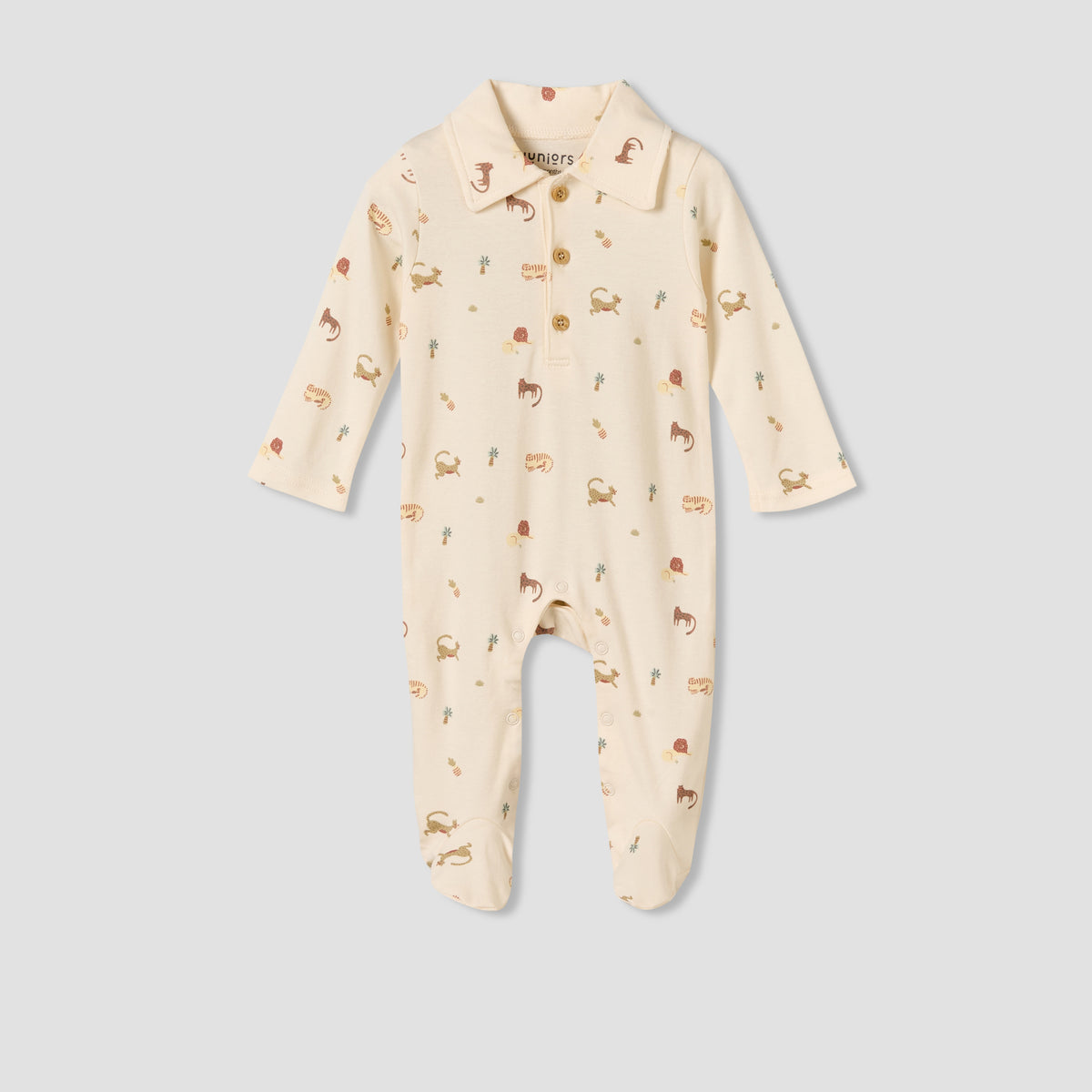 Juniors Cotton Collared Long Sleeves Sleepsuit with Safari Print