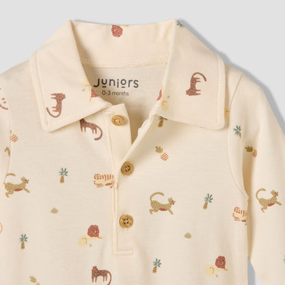 Juniors Cotton Collared Long Sleeves Sleepsuit with Safari Print