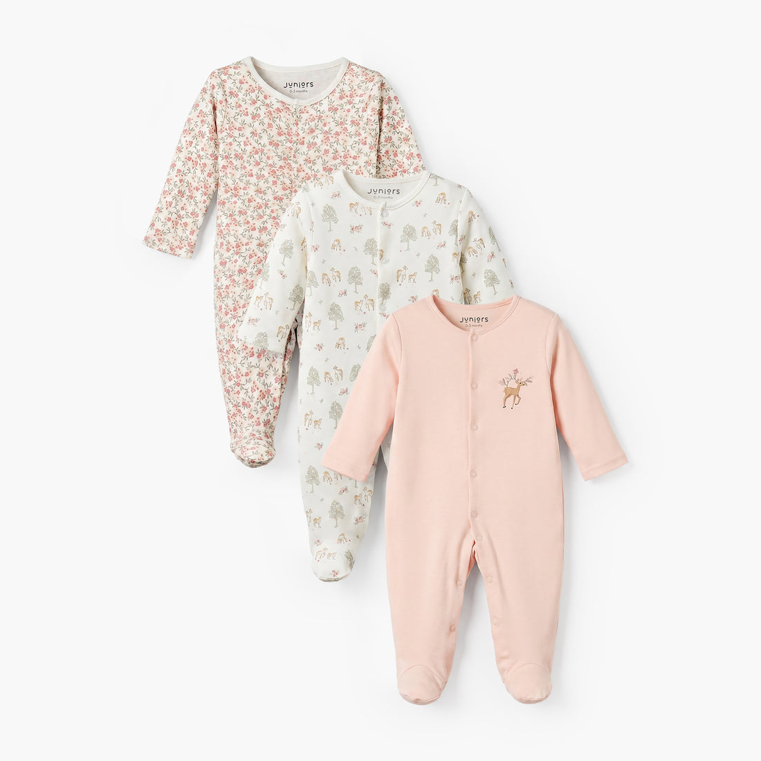 Pack of 3 Juniors Crew Neck Long Sleeves Sleepsuit with Deer Print - Multicolour / 12-18 mths