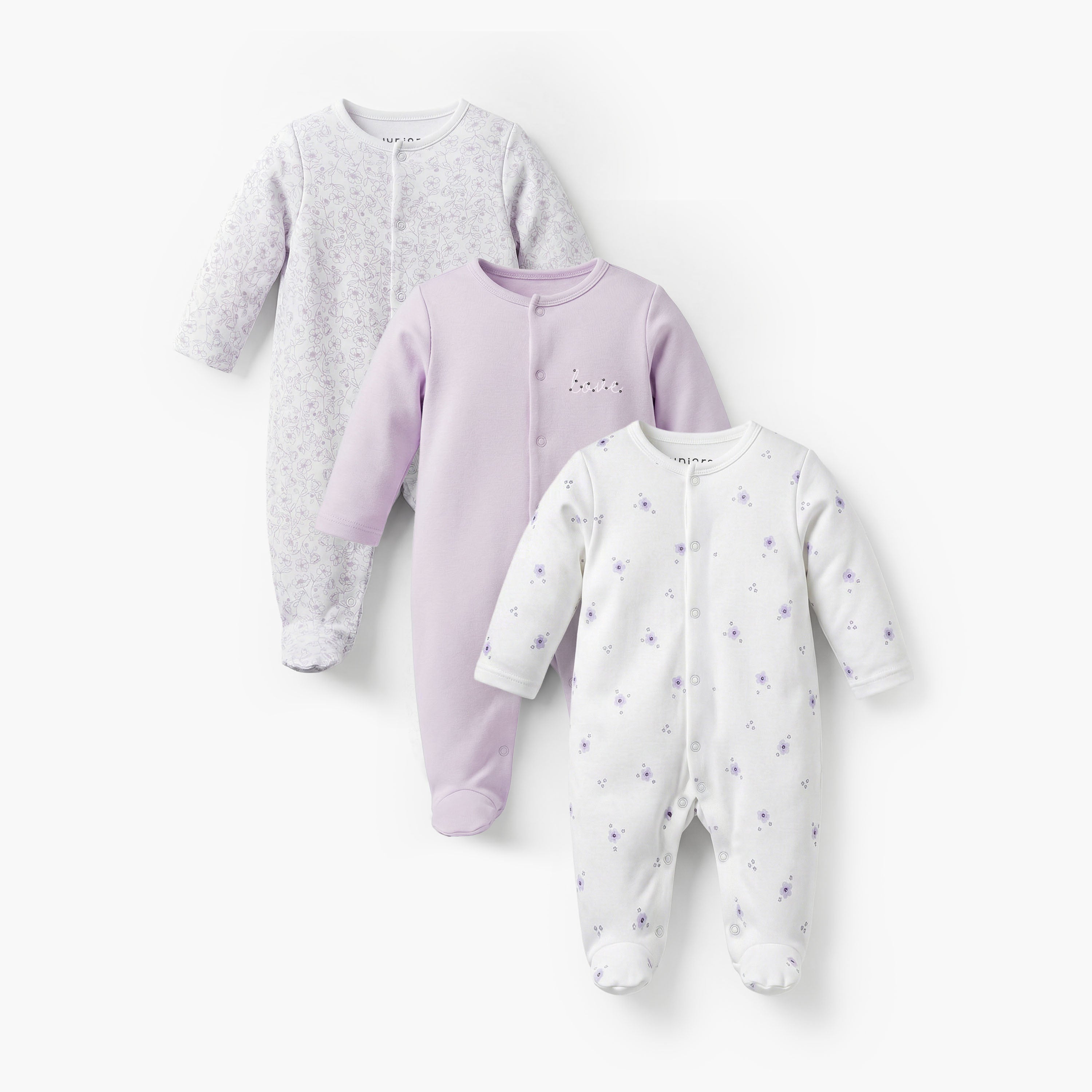 Pack of 3 Juniors Bamboo Cotton Round Neck Long Sleeves Sleepsuit with Print - Purple / 12-18 mths