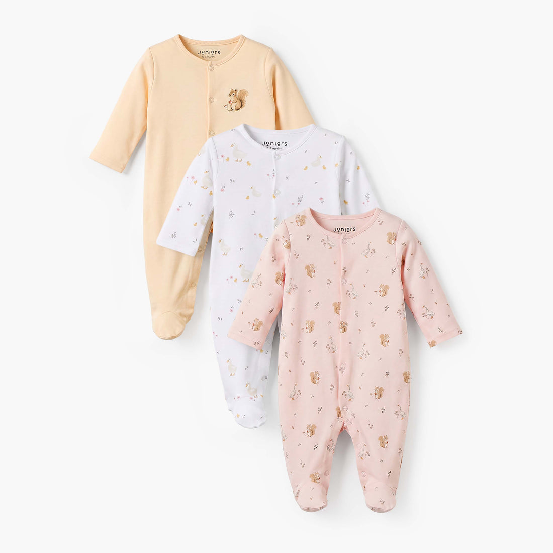 Pack of 3 Juniors Cotton Crew Neck Long Sleeves Sleepsuit with Squirrel Print - Multicolour / 12-18 mths