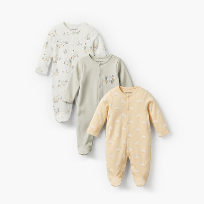 Pack of 3 Juniors Bamboo Cotton Round Neck Long Sleeves Sleepsuit with Duck Print - Multicolour / 12-18 mths