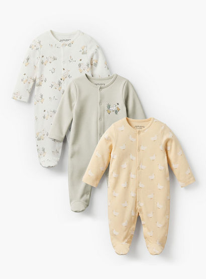 Pack of 3 Juniors Bamboo Cotton Round Neck Long Sleeves Sleepsuit with Duck Print-baby-girls-clothing-nightwear-sleepsuits-image-1