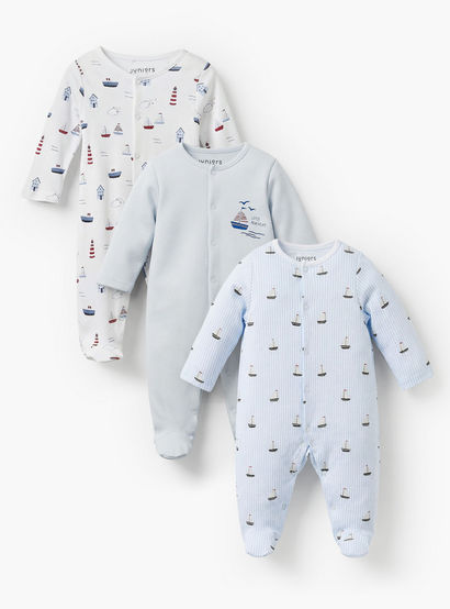 Pack of 3 Juniors Bamboo Round Neck Long Sleeves Sleepsuit with Nautical Print-baby-boys-clothing-nightwear-sleepsuits-image-1