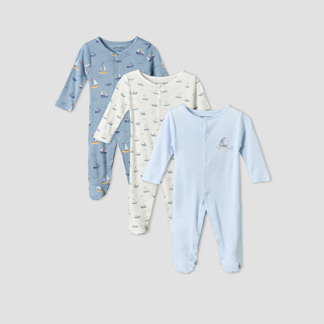 Pack of 3 Juniors Round Neck Long Sleeves Sleepsuit with Sail Boat Print - Blue / 12-18 mths