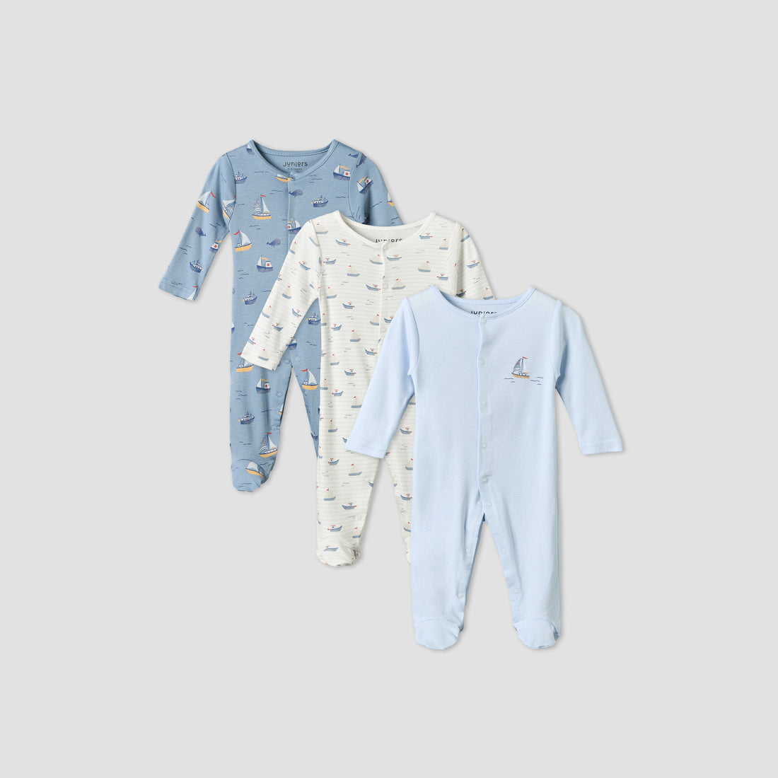 Pack of 3 Juniors Round Neck Long Sleeves Sleepsuit with Sail Boat Print