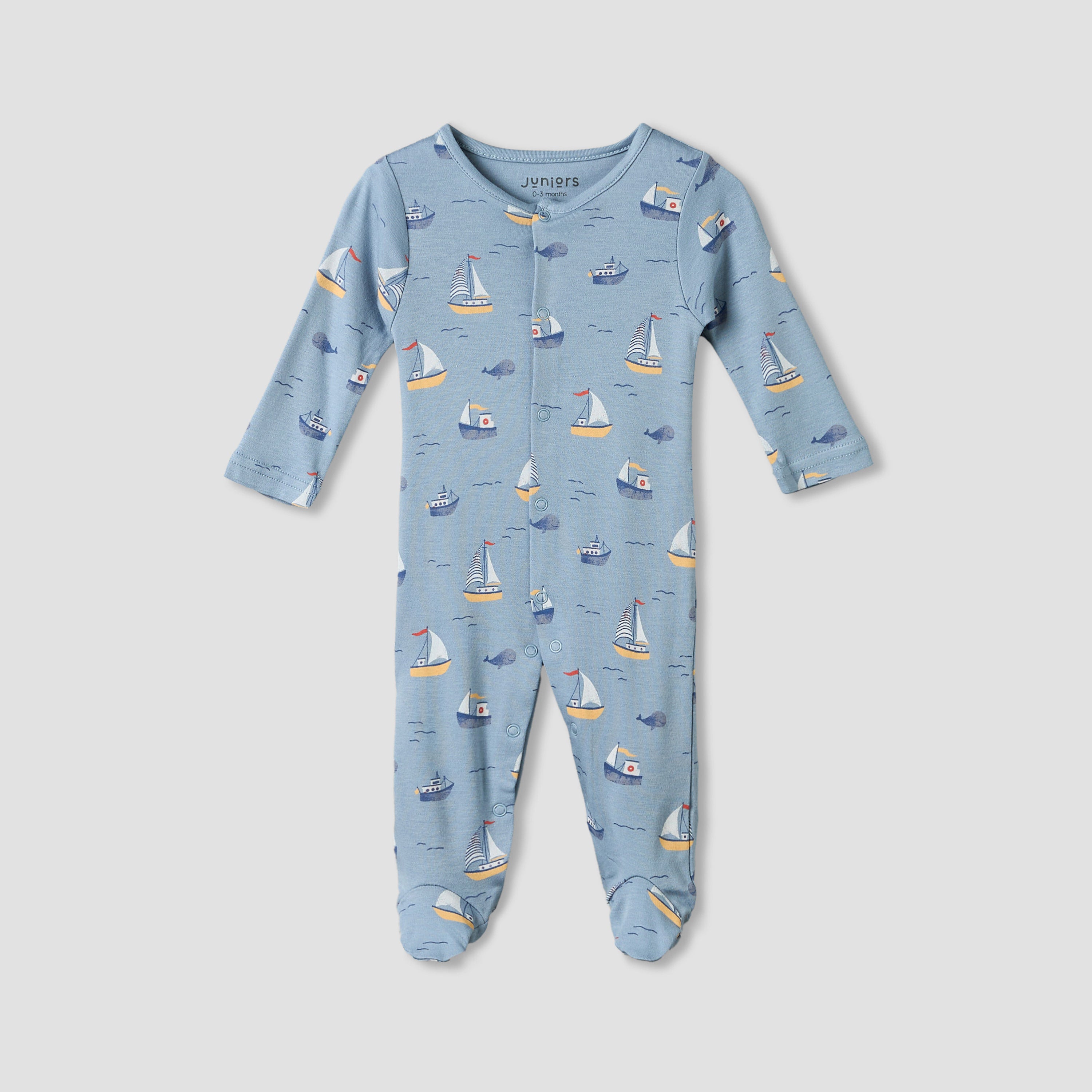 Pack of 3 Juniors Round Neck Long Sleeves Sleepsuit with Sail Boat Print
