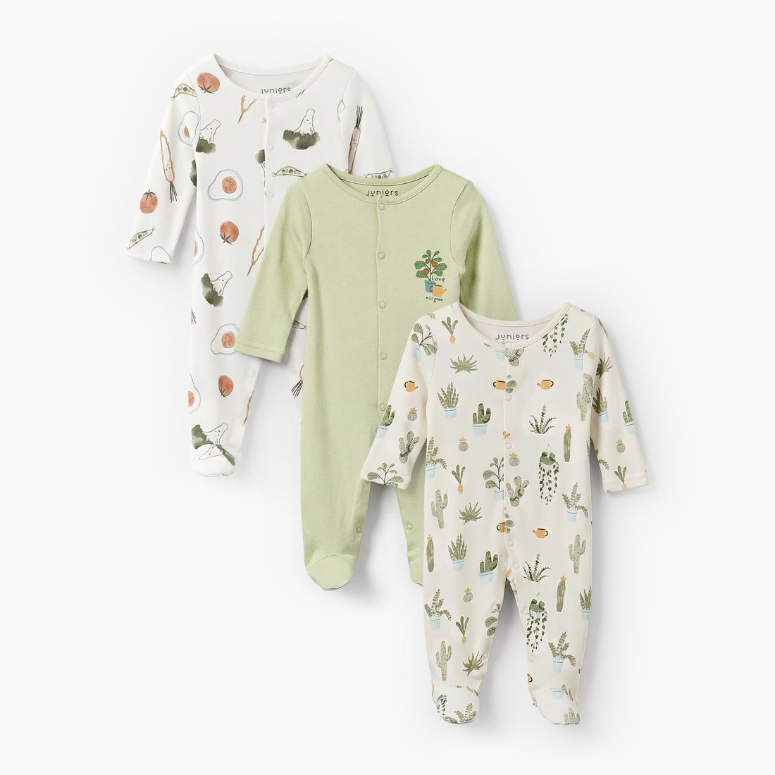 Pack of 3 Juniors Bamboo Round Neck Long Sleeves Sleepsuit with Assorted Print - Green / 12-18 mths