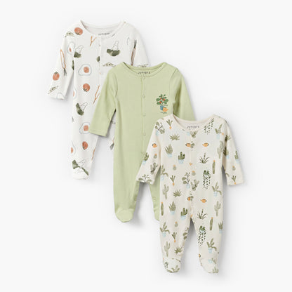 Pack of 3 Juniors Bamboo Round Neck Long Sleeves Sleepsuit with Assorted Print - Green / 12-18 mths