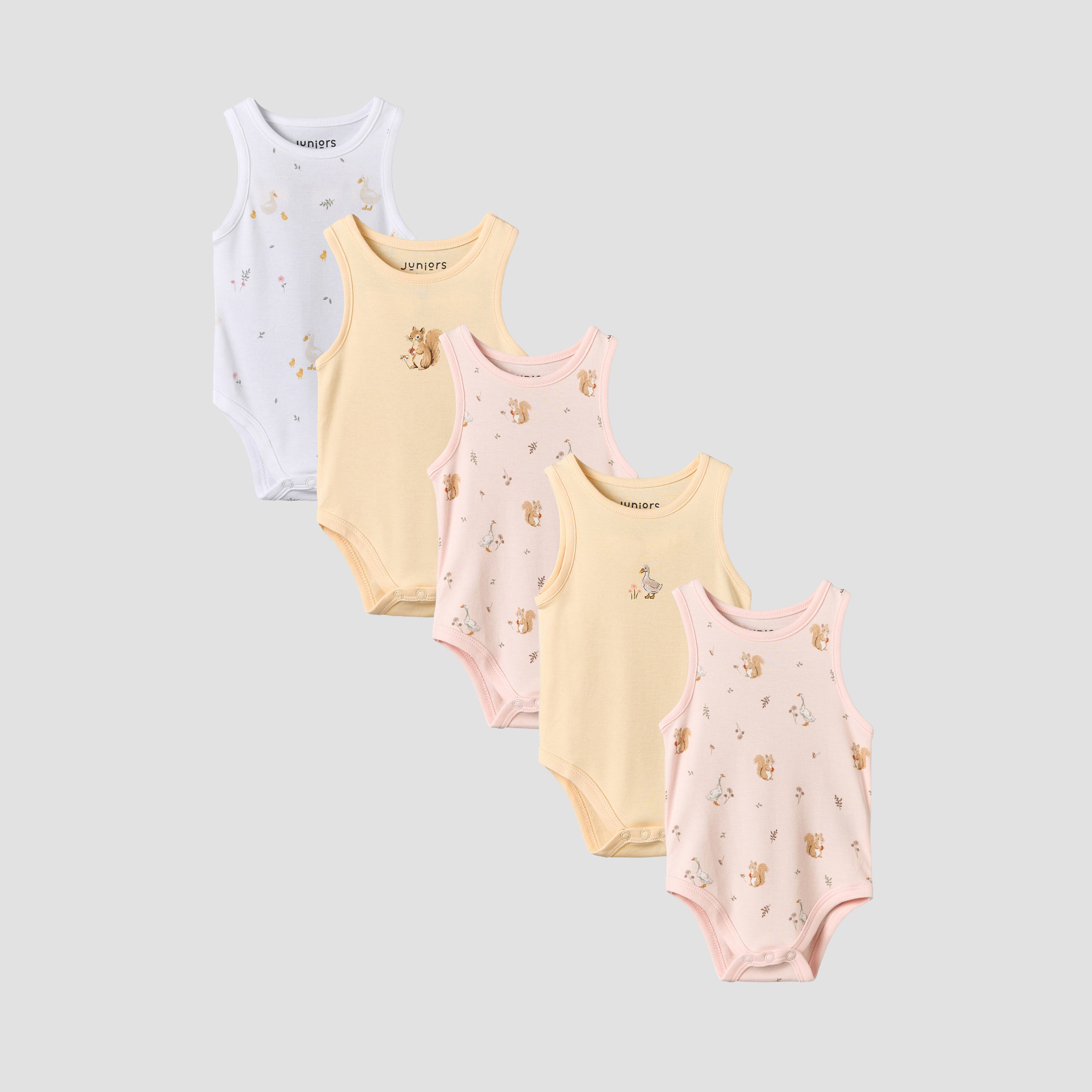 Pack of 5 Juniors Round Neck Sleeveless Bodysuit with Assorted Print - Multicolour / 18-24 mths
